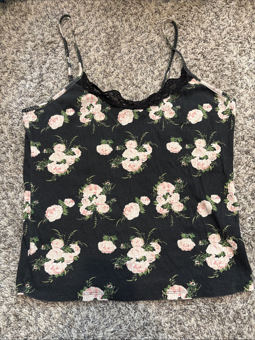 2/$12 Full Circle Trends Floral Lace Trim Camisole Top - Black / Pink